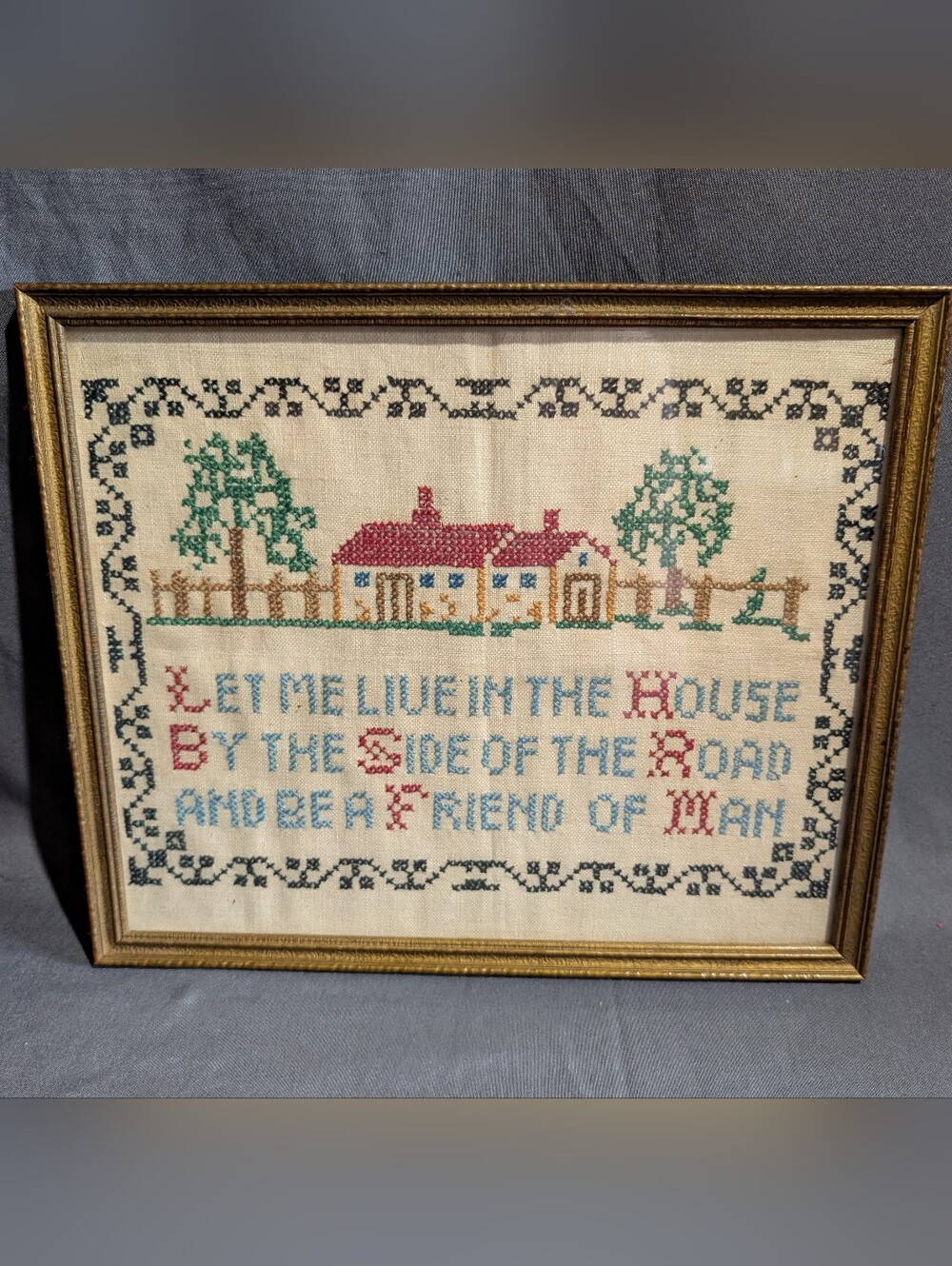 Vtg Sampler Cross Stitch Needlepoint Red Roof Farmhouse Poem Handstitched Frame